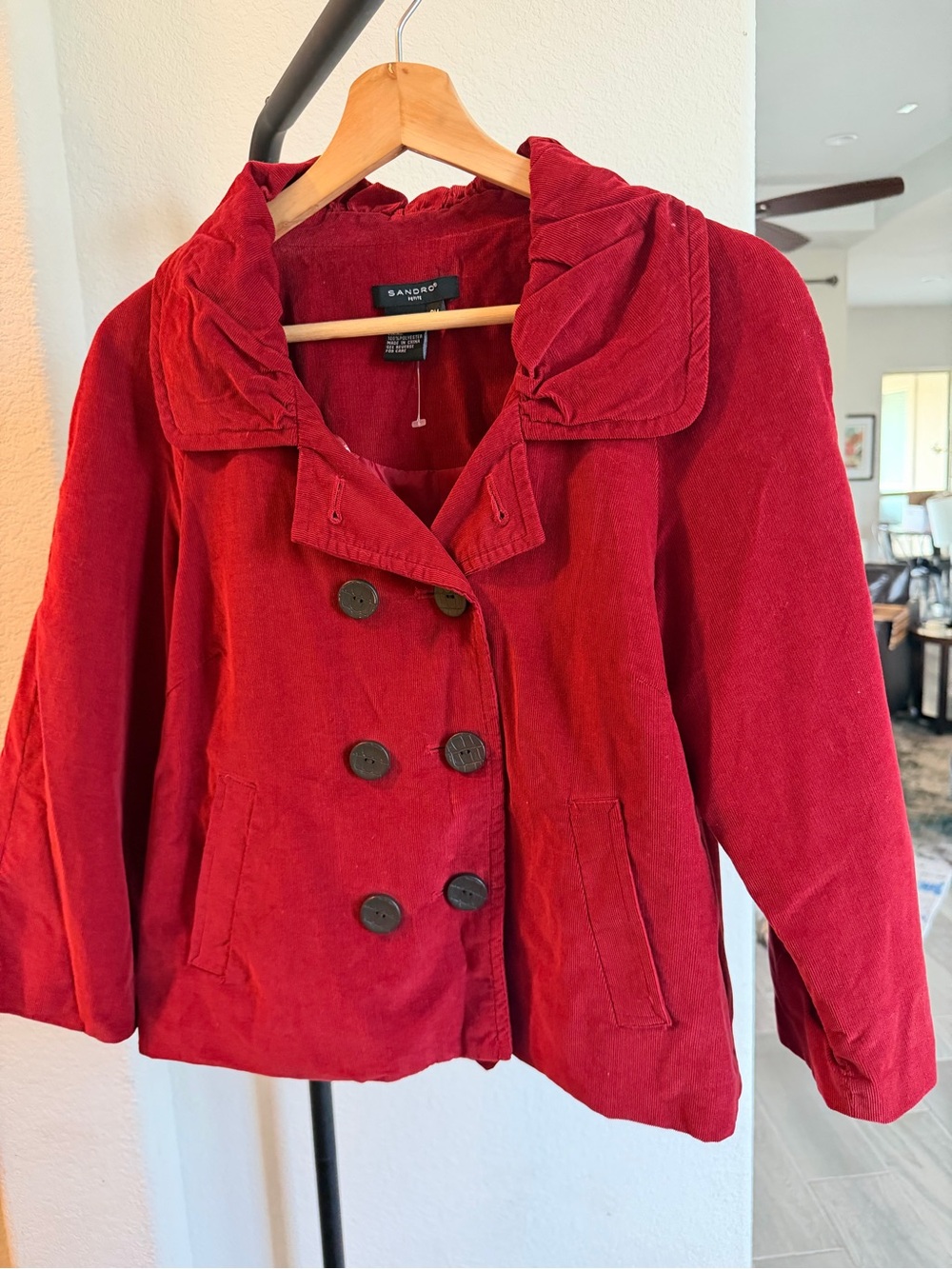 Sandro Red Corduroy double-breasted Short Pea Coat Jacket Medium Petite M